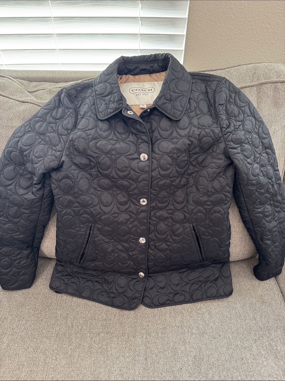 Coach Black Quilted Puffer Jacket with Signature C Pattern